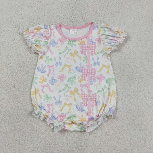 SR3672 Baby Girls Colorful Bows Short Sleeve Bubble Romper
