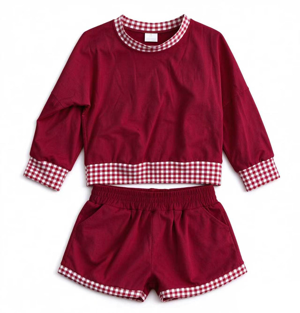 Preorder 5 MOQ each Kids Girls Long Sleeve Gingham Trim Top Shorts Outfit