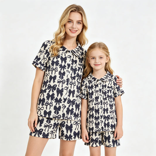 Mommy and Me Baby Girls Black Bows Button Pocket Top Short Pajamas Sets