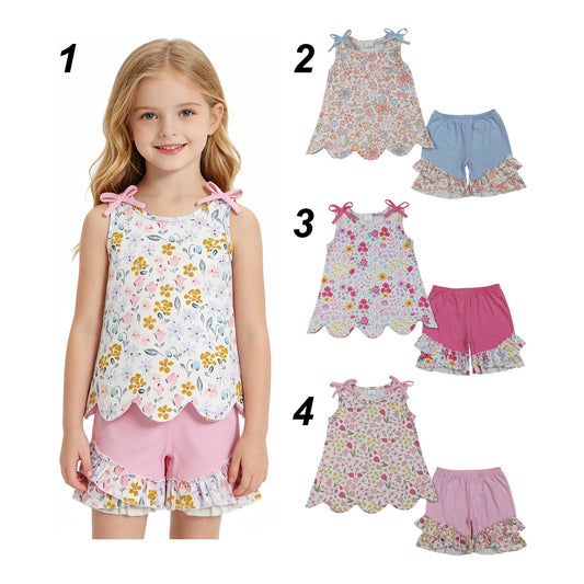 Sibling Baby Girls Floral Sleeveless  Scalloped  Top with Ruffle Shorts Outfit