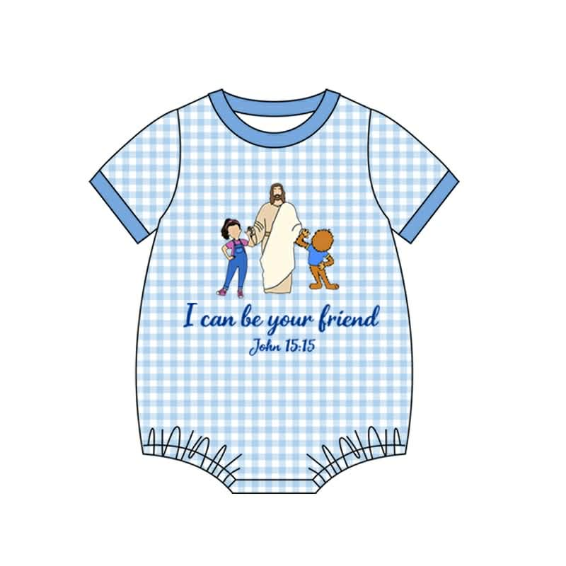 (Custom Design Preorder MOQ 5 ) Friend Blue Plaid Print Baby Boys Summer Romper