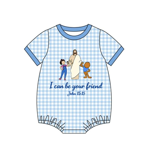 (Custom Design Preorder MOQ 5 ) Friend Blue Plaid Print Baby Boys Summer Romper