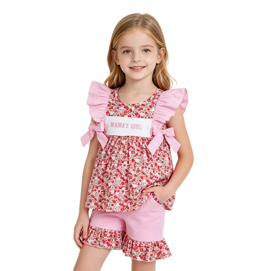 Embroidery Mama's Girls Flowers Tunic Pockets Ruffle Shorts Clothes Set
