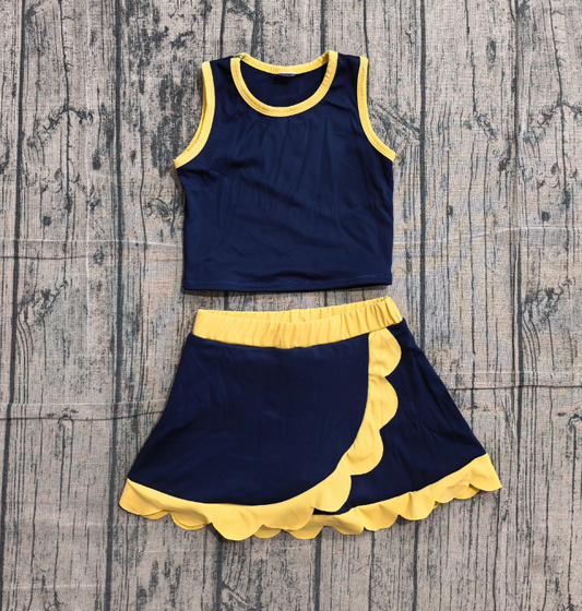 4.15 GSD4111 Preorder Navy Sleeveless Top Scallop Skirts Girls Summer Yoga Clothes Set