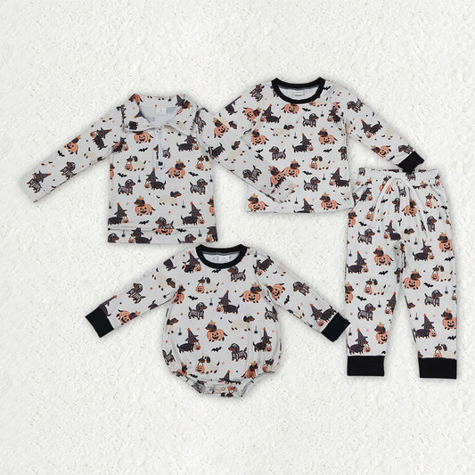Sibling Baby Boys Hallowen Pumpkin Dog Pullover Top Pajama Set and Romper
