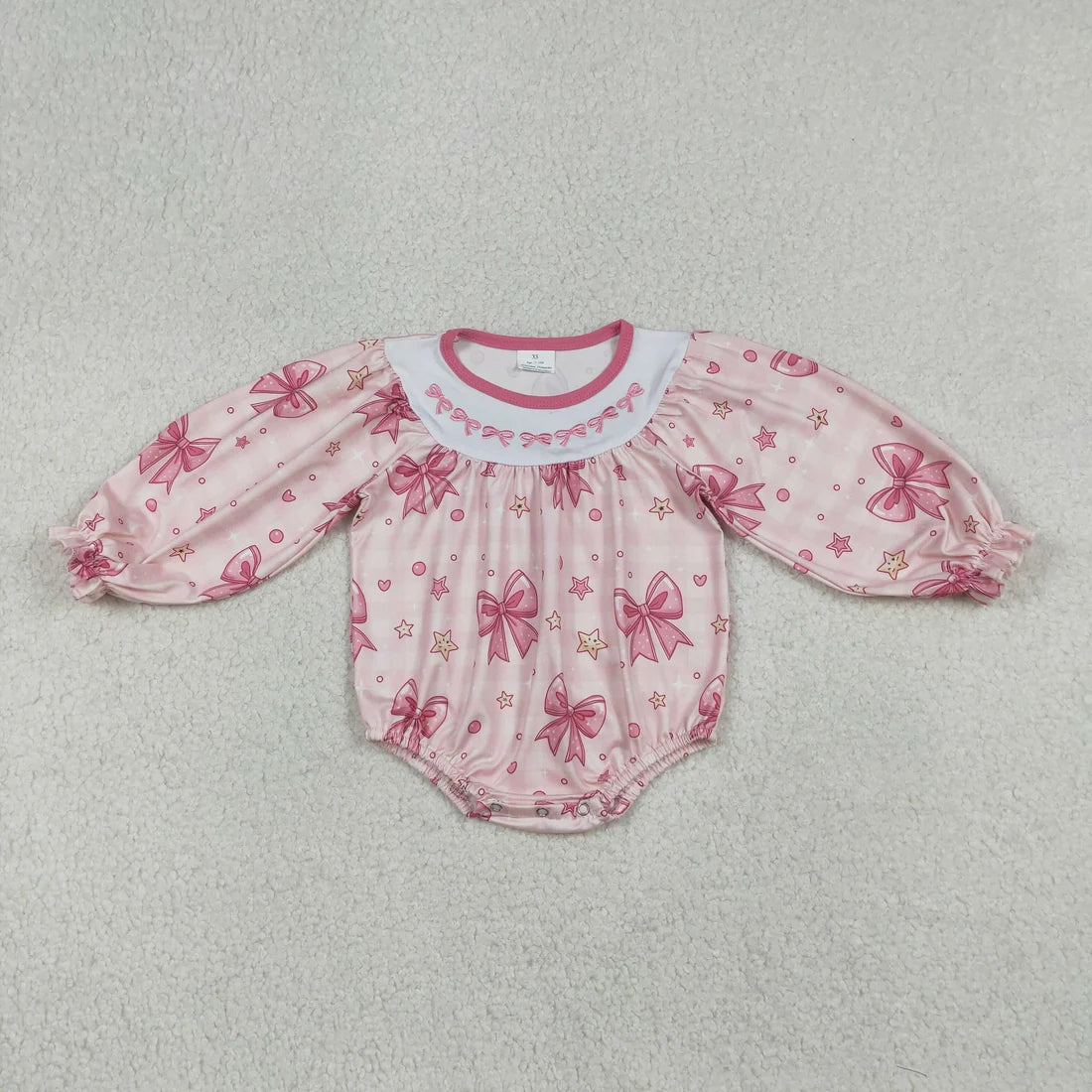 Embrodiery Pink Bow Baby Girls Valentines Long Sleeve Bubble Romper