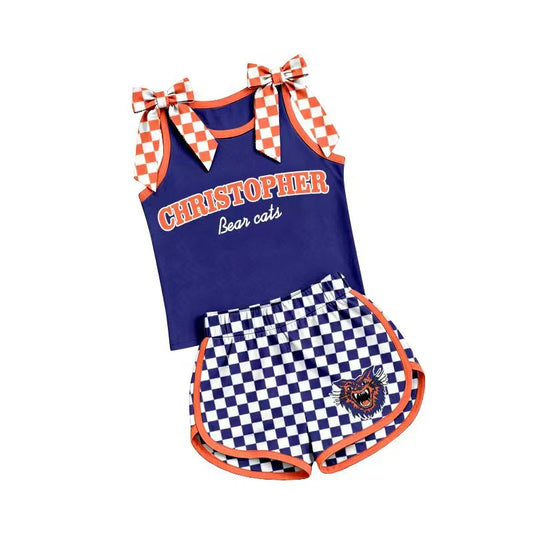 (Custom Design Preorder MOQ 5) Girls  Christopher  Bow Strap Tank &  Purple Checked Shorts Sport Team Outfit
