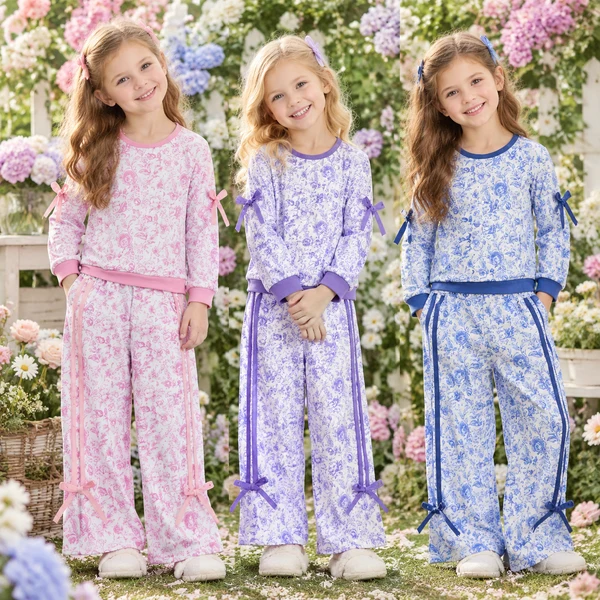 Flowers Print Top Straight Pants Girls Bows Clothes Set Sisters Wear