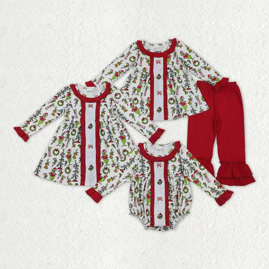 Sibling Embroidery  Bows Baby Girls Tunic Ruffle Pant Christmas Clothes Sets Ruffle Rompers