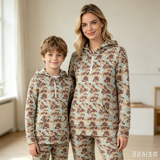 Mommy and Me Khaki Camo Long Sleeve Zipper Hoodie Top With Pocket