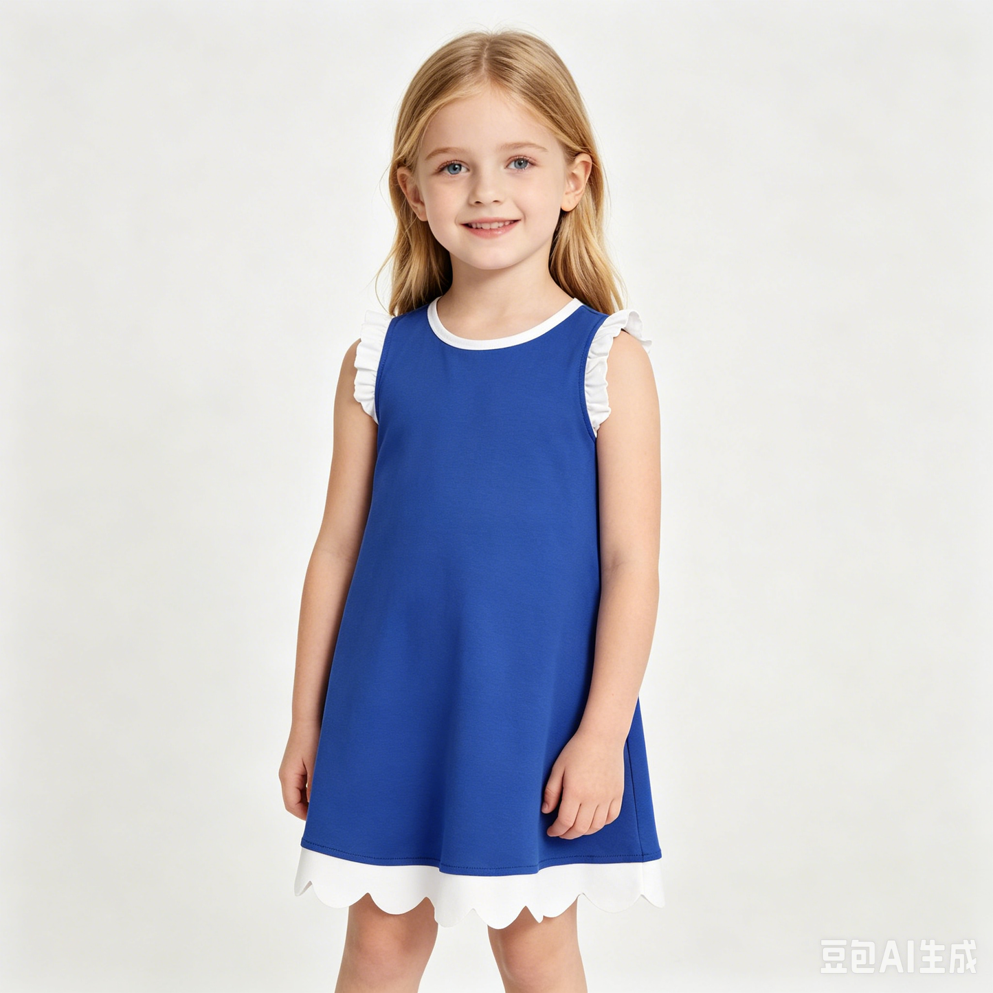 GSD4053 Royalblue White Scallop Edge Girls Summer Cotton Dress