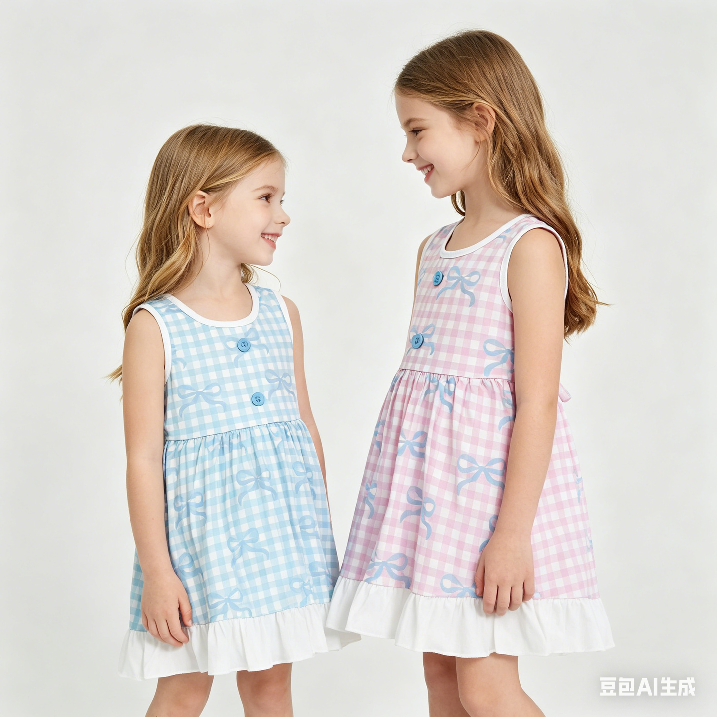 Sibling Baby Girls Sleeveless Bows Checked Button Ruffle Knee Length Dresses