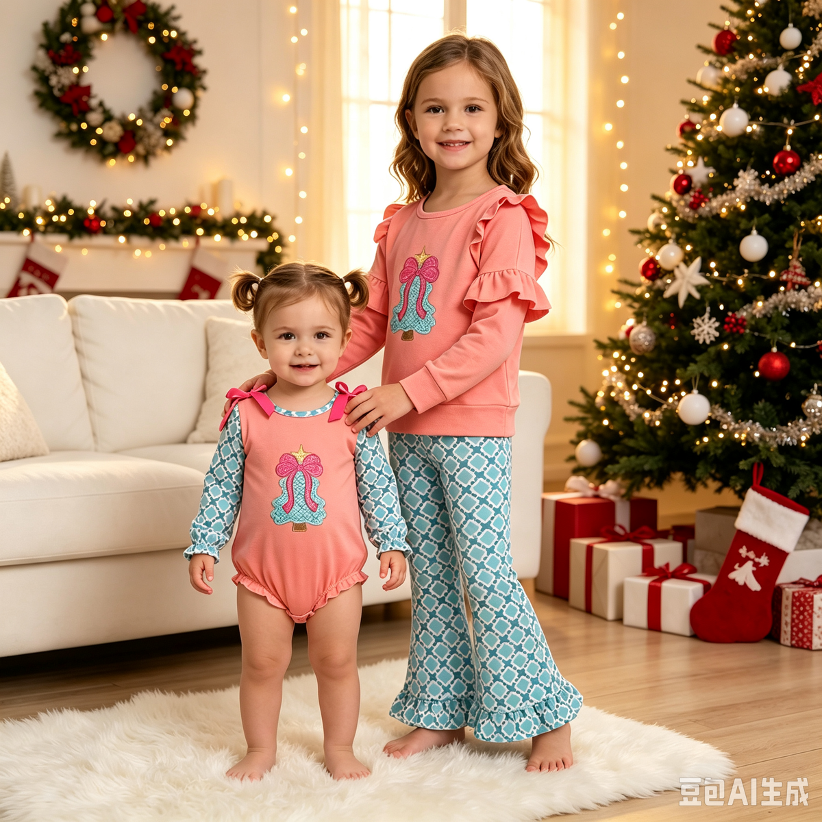 Sibling Baby Girls Christmas Tree Long Sleeve Top Outfit and Romper
