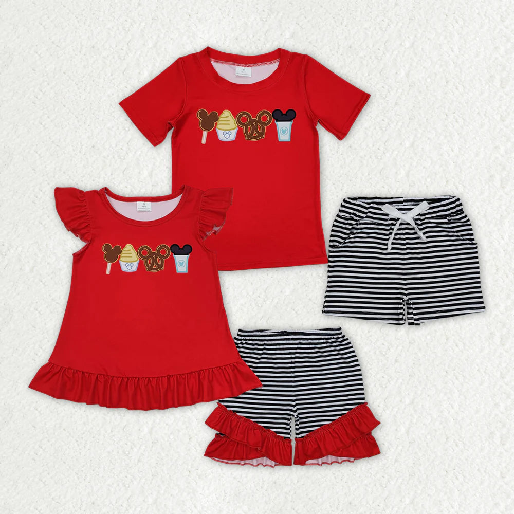 Sibling Boys Baby Girls Red Cartoon Snacks Summer Outfits Sets