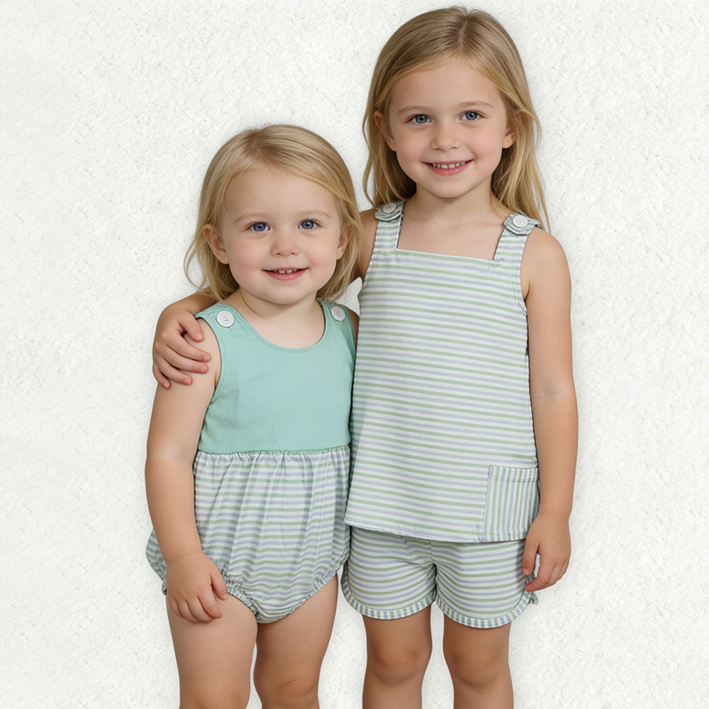 Sibling Baby Boys Girls Aqua Stripe Pockets Tunic Short Clothes Set Sleeveless Romper