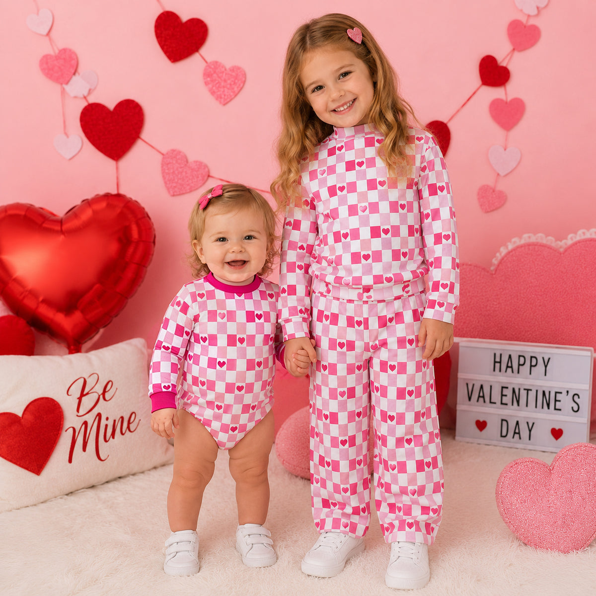 Sibling Baby Girls Valentines Heart Checked Print Outfit +Romper