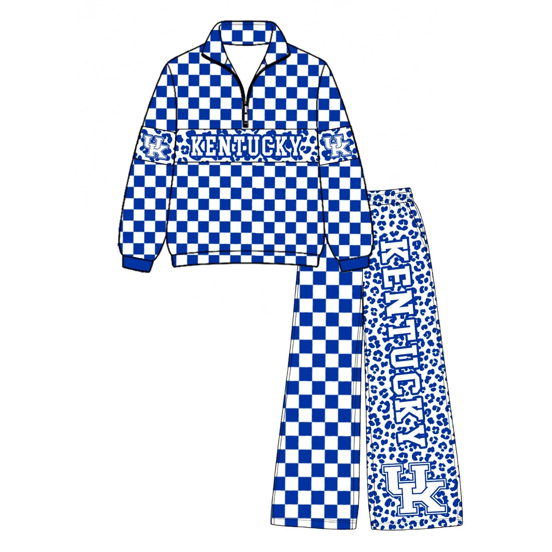 (Custom Design Preorder MOQ 5) Baby Boys Blue Checked Leopard Kentucky Zip Pullover Pockets Pants Team Clothes Sets