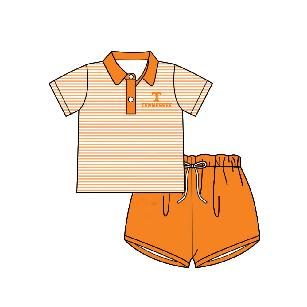 (Custom Design Preorder MOQ 5) Baby Girls Orange Stripe Tennessee Button Polo Top Shorts Team Clothes Sets