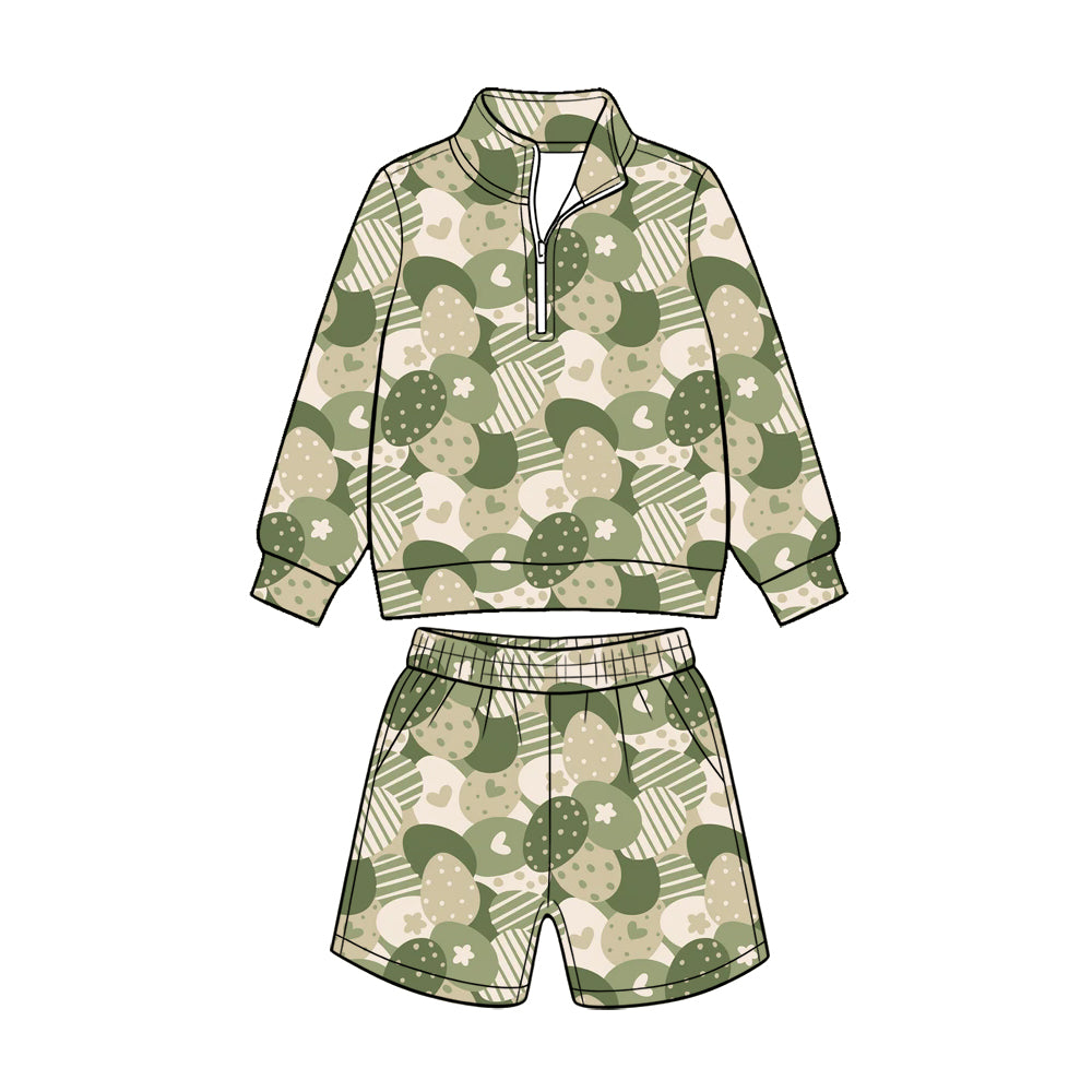 (Custom Design Preorder MOQ 5 Each) Eggs Bunny Print Long Sleeve Zipper Top Shorts Girls Easter Clothes Set Sisters Wear