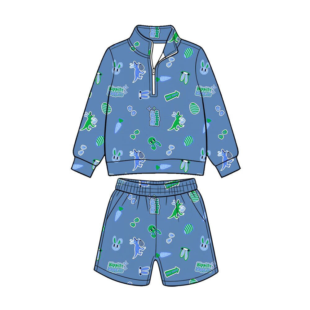 (Custom Design Preorder MOQ 5 Each)Bunny Trucks Print Pullover Top Pockets Shorts Boys Easter Clothes Set Brothers Wear