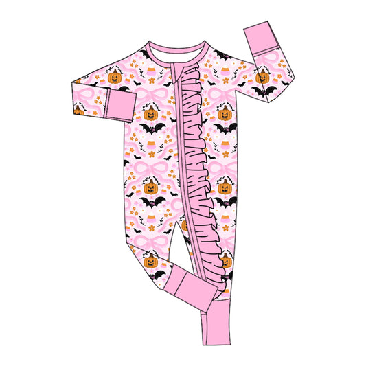(Custom Design Preorder MOQ 5 ) Pumpkin Candy Bows Pink Print Baby Girls Halloween Zipper Sleeper Romper