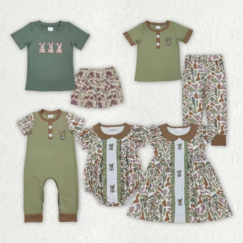 Sibling Baby Boys Girls   Embrodiery Camo Rabbits Shorts and Pants Set