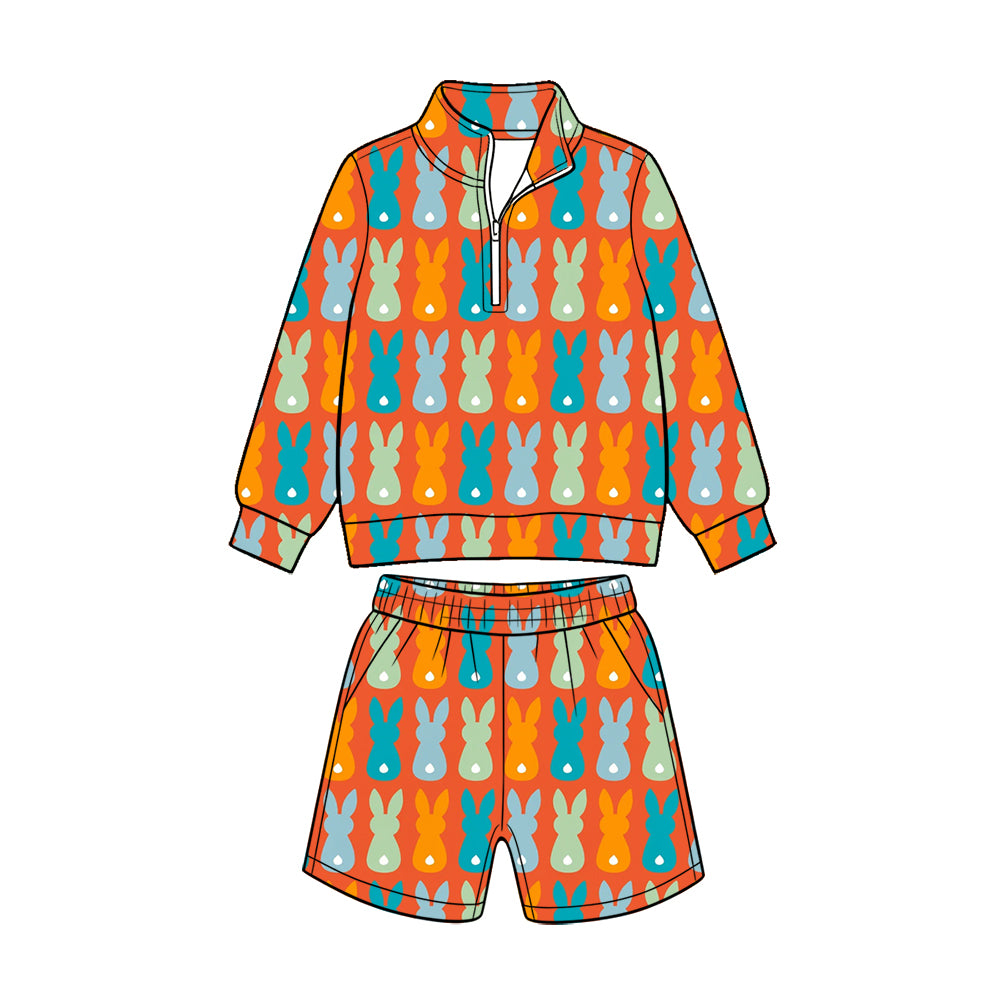 (Custom Design Preorder MOQ 5 Each)Bunny Trucks Print Pullover Top Pockets Shorts Boys Easter Clothes Set Brothers Wear