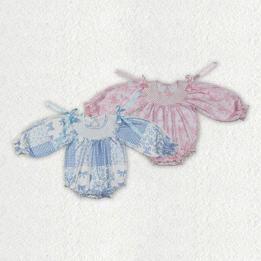 Sibling Smocked Checked Baby Girls Short Sleeve Colorful Bows Flowers Ruffle Rompers