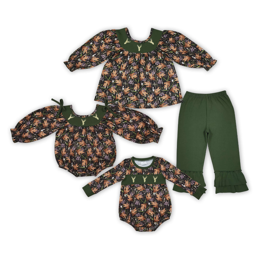 Sibling Baby Girls Boys Embroidery Deer Camo Outfit and Romper