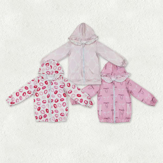 Sibling Baby Girls Long Sleeve Bows Checked Mouths Ruffle Hoodie Zip Pockets Jackets Top