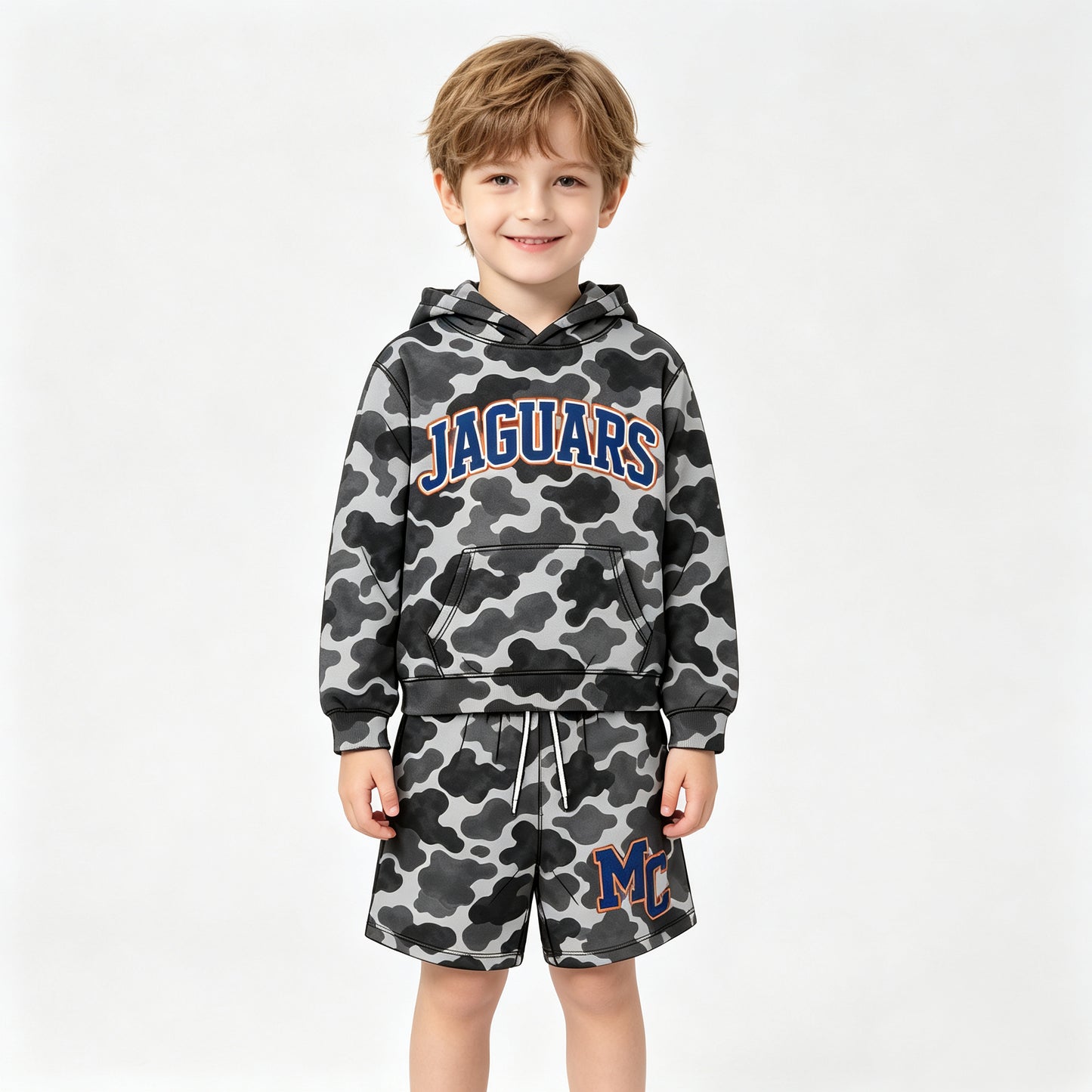 (Custom Design Preorder MOQ 5) Teams Jaguars Black Camo Hoodie Top Pockets Shorts Boys Clothes Set