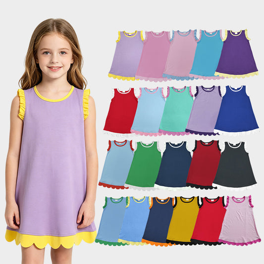 21 Colors Cotton Scallop Edge Girls Summer Dress Sisters Teams Wear
