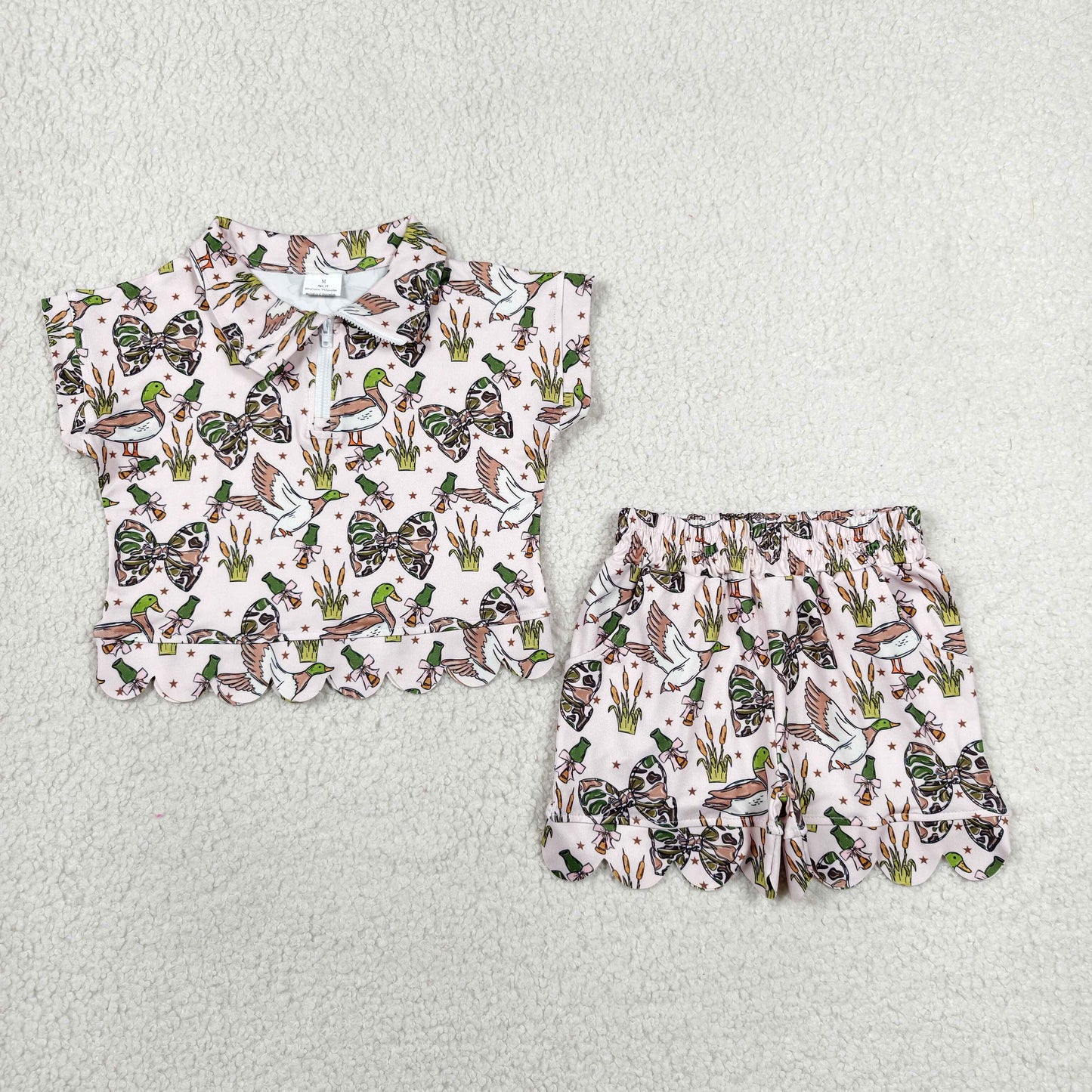 GSSO3669 Duck & Bow Print Zip Pullover Top Pockets Shorts Girls Summer Casual Outfits