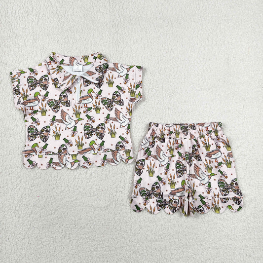 GSSO3669 Duck & Bow Print Zip Pullover Top Pockets Shorts Girls Summer Casual Outfits