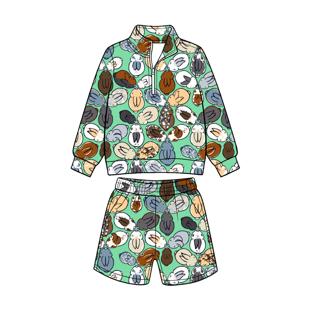 (Custom Design Preorder MOQ 5 Each)Bunny Trucks Print Pullover Top Pockets Shorts Boys Easter Clothes Set Brothers Wear