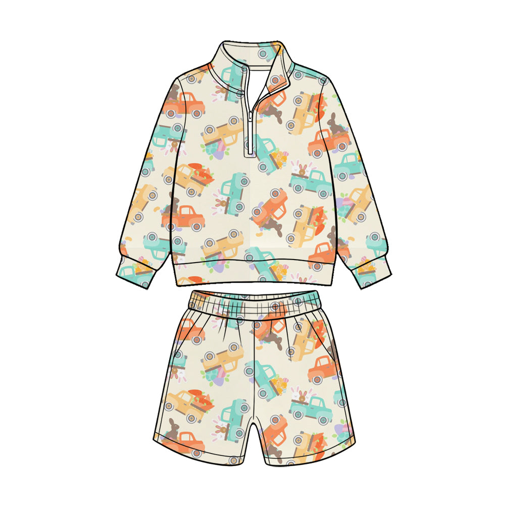 (Custom Design Preorder MOQ 5 Each)Bunny Trucks Print Pullover Top Pockets Shorts Boys Easter Clothes Set Brothers Wear