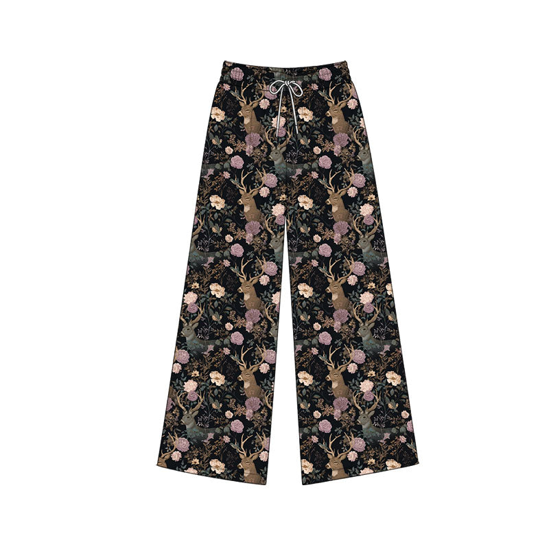 (Custom Design Preorder MOQ 5 Each ) Deer Flowers Print Girls & Adult Bottom Straight Pants