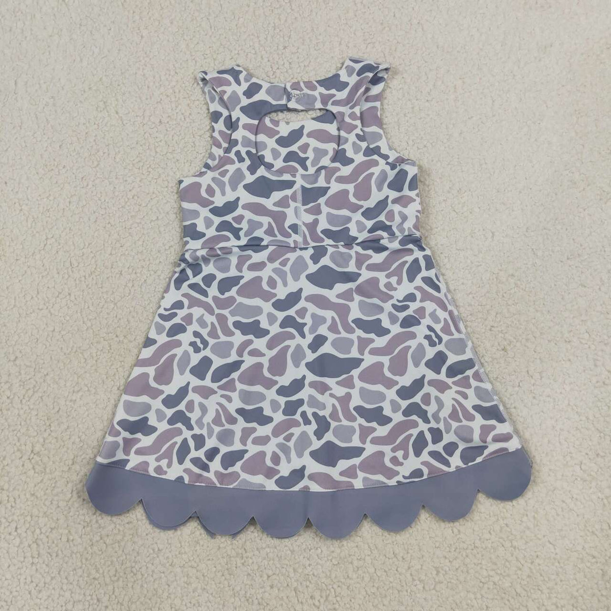 GSD4226 Grey Camo Print Girls Summer Scallop Knee Length Yoga Dress