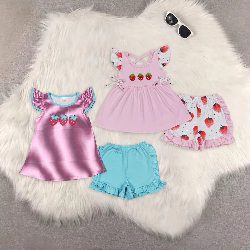 Sibling Baby Girls Flutter Sleeve Embroidery Strawberry Tunic Top Ruffle Shorts Clothes Set