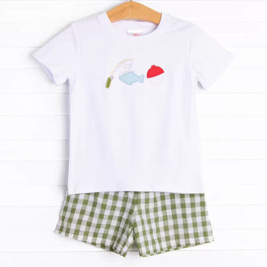 (Custom Design Preorder MOQ 5) Fishing White Top Green Plaid Shorts Boys Summer Outfits