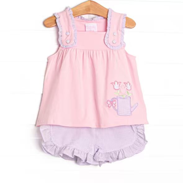 (Custom Design Preorder MOQ 5) Flowers Pink Strap Top Purple Plaid Shorts Girls Summer Outfits