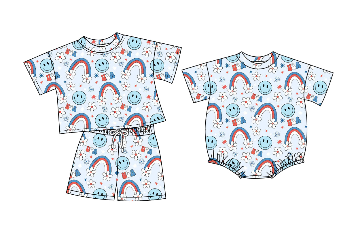 (Custom Design Preorder MOQ 5 Each Item) Smiling Rainbow Flowers USA Print Baby Girls 4th of July Romper & Outfits Sisters Wear