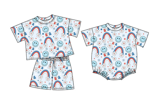 (Custom Design Preorder MOQ 5 Each Item) Smiling Rainbow Flowers USA Print Baby Girls 4th of July Romper & Outfits Sisters Wear