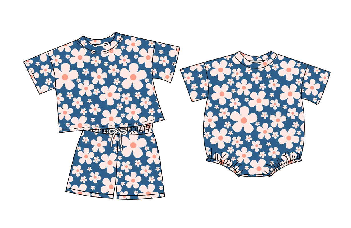 (Custom Design Preorder MOQ 5 Each Item) Flowers Navy Print Baby Girls Summer Romper & Outfits Sisters Wear