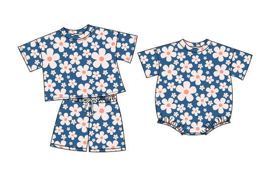 (Custom Design Preorder MOQ 5 Each Item) Flowers Navy Print Baby Girls Summer Romper & Outfits Sisters Wear