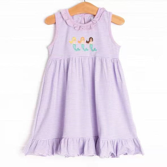 (Custom Design Preorder MOQ 5) Mermaid Stripes Print Girls Summer Dress