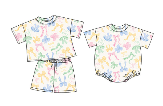 (Custom Design Preorder MOQ 5 Each Item) Colorful Bows Print Baby Girls Summer Romper & Outfits Sisters Wear