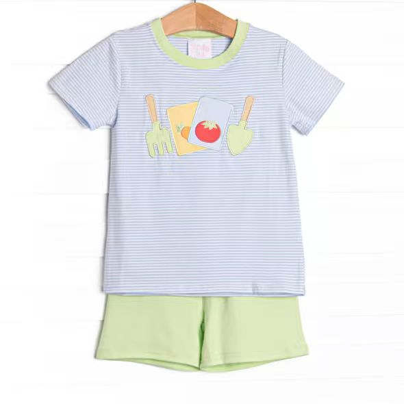 (Custom Design Preorder MOQ 5)  Cook Stripes Top Green Shorts Boys Summer Outfits