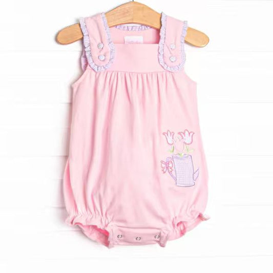 (Custom Design Preorder MOQ 5 ) Pink Flowers Baby Girls Summer Strap Romper