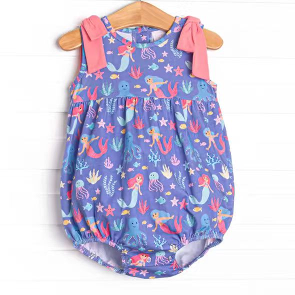 (Custom Design Preorder MOQ 5 ) Mermaid Print Baby Girls Summer Romper